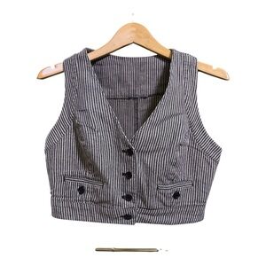 Blue White Pinstripe Cropped Denim Vest Boho Western Workwear Layering S